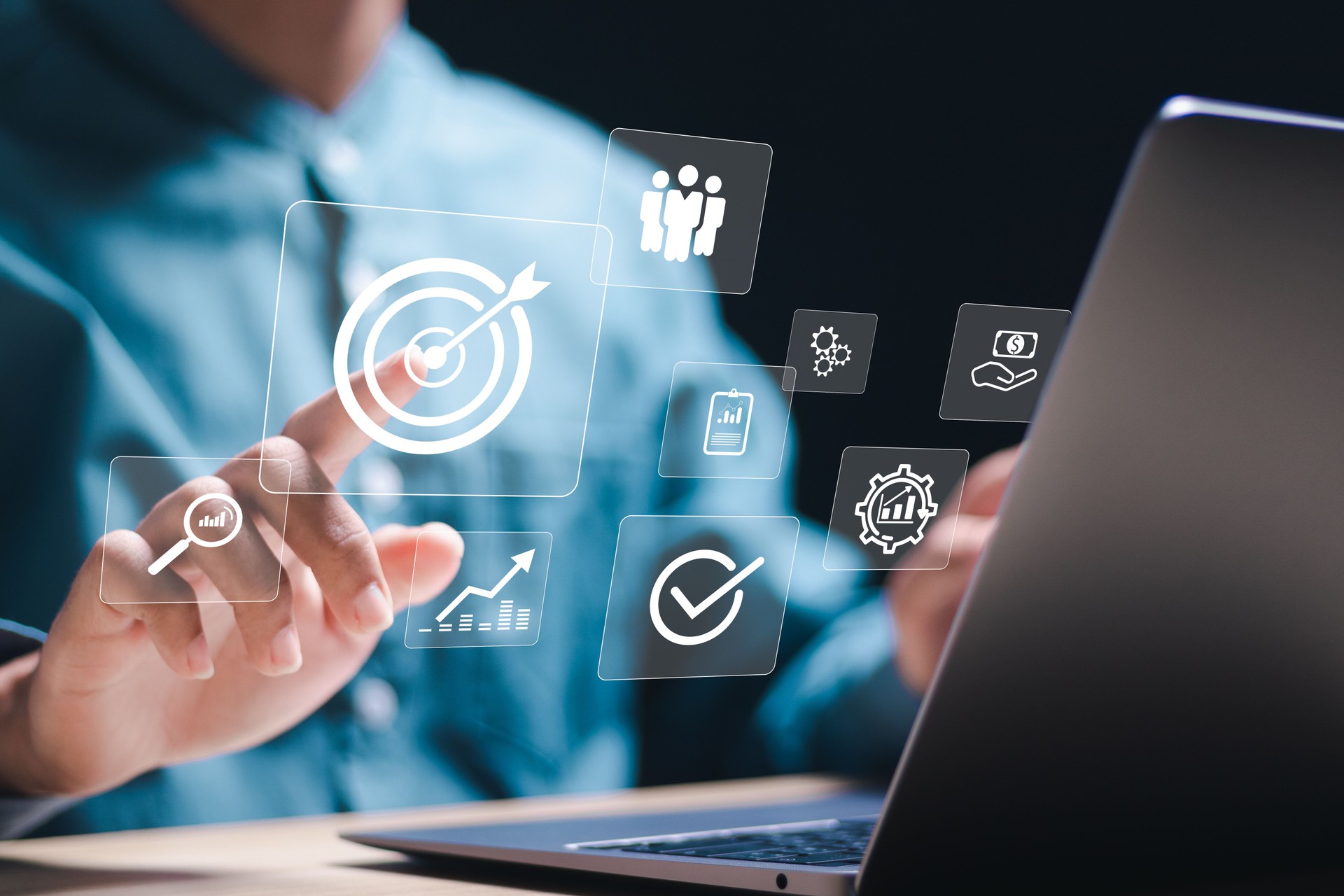 Targeting business concept. Businessman use laptop with target icons for business objective. Strategic planning for business growth and target customer group. set up business objective target goal.